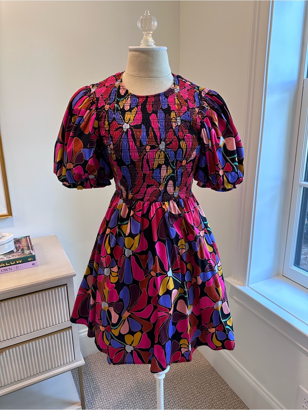 crosby. Multicolor Smocked Puff-Sleeve Mini Dress - Pink & Purple